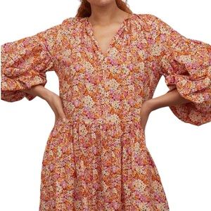H&M Ballon long sleeve Floral Orange and Pink Cotton boho midi dress small